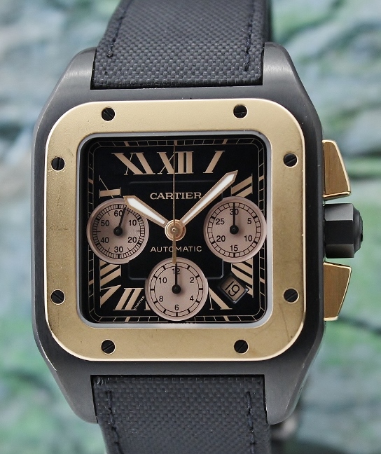 (image for) Cartier Santos 100 XL Black Carbon & 18K Rose Gold Chronograph Watch / 3104
